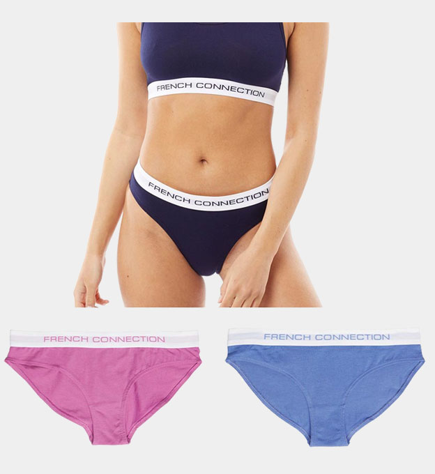 French Connection 3 Pack Briefs Womens Black Pink Violet Grey