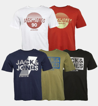 Jack & Jones 5 Pack T-Shirts Mens Black Red White Navy Deep Lichen