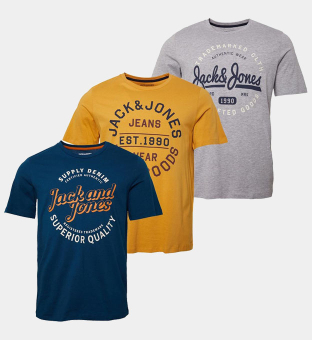 Jack & Jones 3 Pack T-Shirts Mens Blue Honey Gold Light Grey Melange