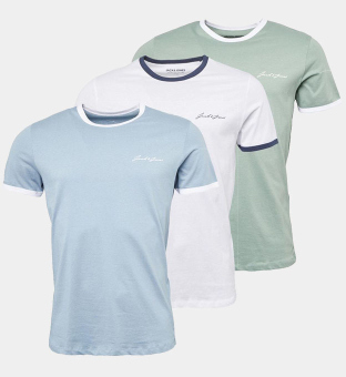 Jack & Jones 3 Pack T-Shirts Mens Dusty Blue Sage Green White