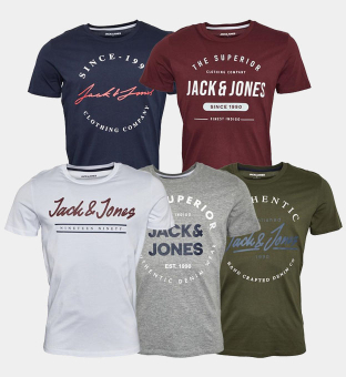 Jack & Jones 5 Pack T-Shirts Mens Olive Night White Light Grey Melange Navy Blazer Burgundy 