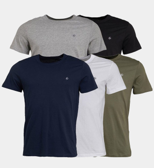 Jack & Jones 5 Pack T-Shirts Mens Black Blue Grey Marl Khaki White