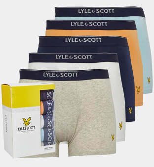 Lyle & Scott 5 Pack Boxers Mens White Cool Blue Light Grey Marl Orange Navy Blue