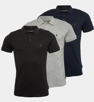 French Connection 3 Pack Polo Shirts Mens Black Light Grey Marl Marine
