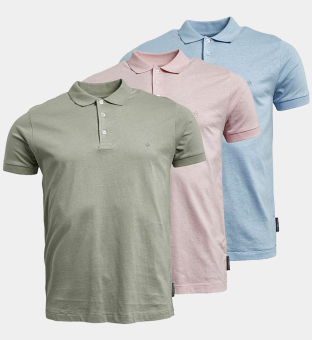 French Connection 3 Pack Polo Shirts Mens Sky Melange Pink Melange New Sage